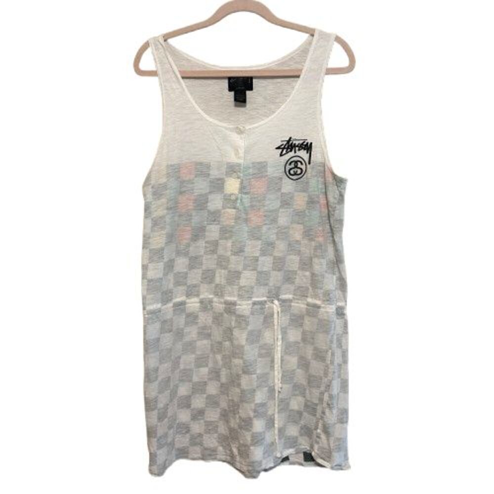 Stussy Checkerboard Sleeveless Dress Womens Large Drop Waist Drawstring